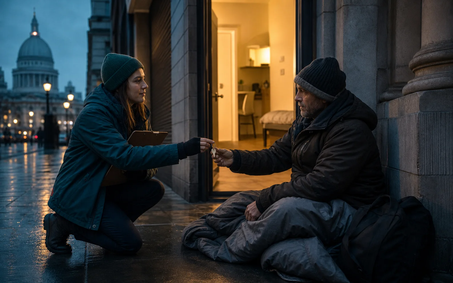 Une travailleuse sociale remet une clé de logement à une personne sans abri dans une rue londonienne à l’aube