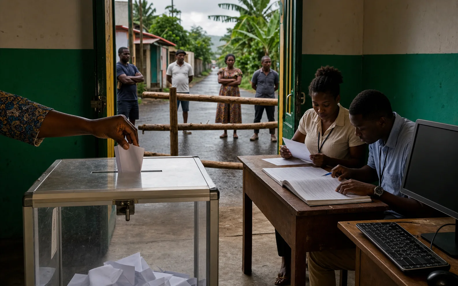 Une électrice dépose son bulletin dans une urne tandis que des agents contrôlent le registre et qu’une barricade ferme la route derrière le bureau de vote