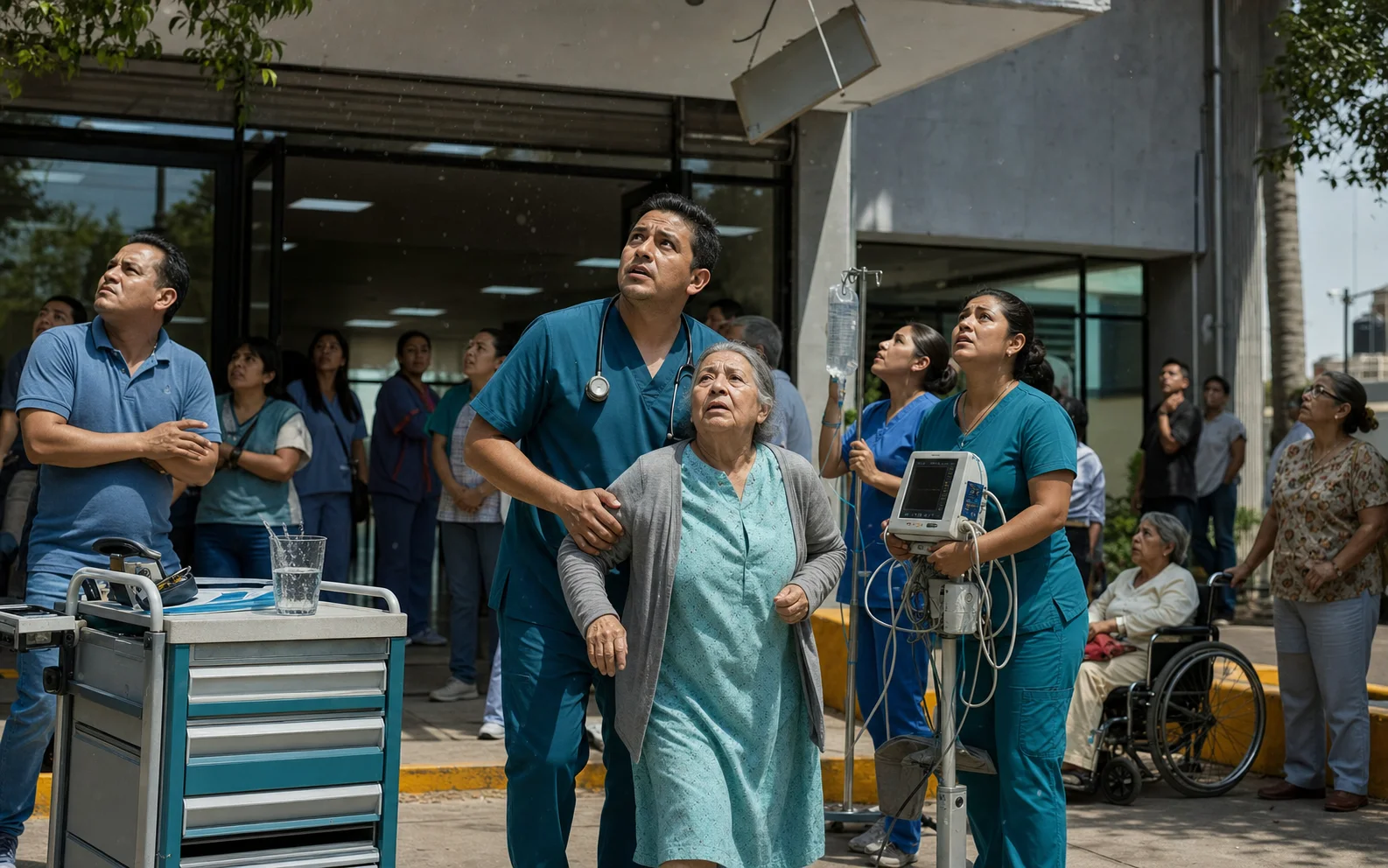 Des patients et des soignants évacués devant un hôpital de Tapachula après une forte secousse