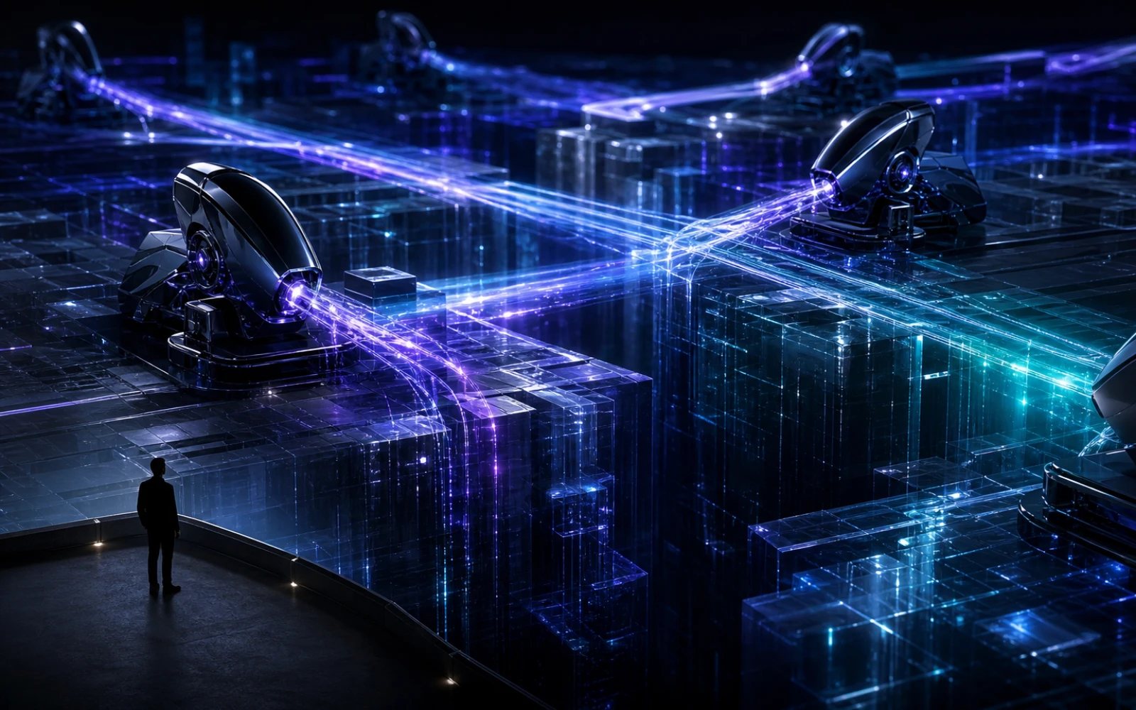 Des machines algorithmiques acheminent des flux lumineux dans un réseau d’échange décentralisé