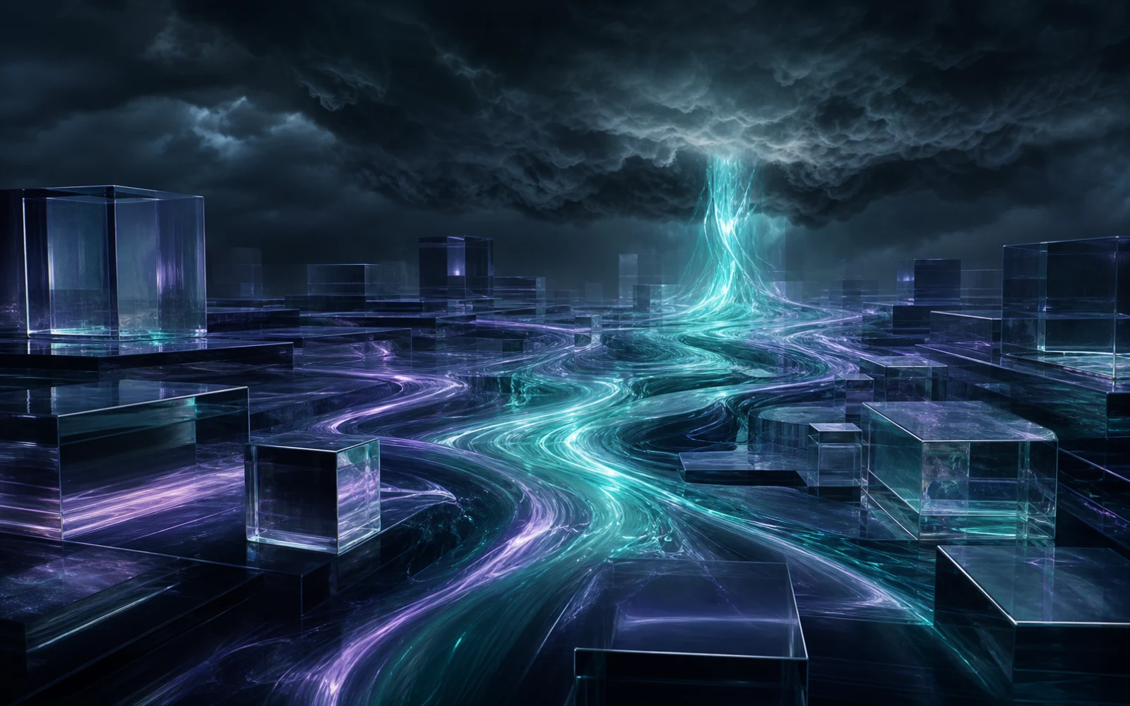 Flux abstraits de liquidité turquoise traversant des blocs d’actifs tokenisés sous un ciel sombre