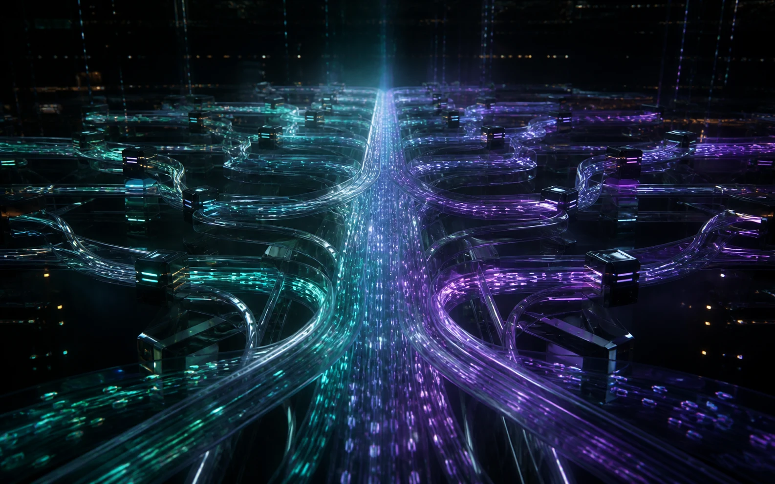 Réseau abstrait de rails lumineux traitant un immense flux de transactions numériques
