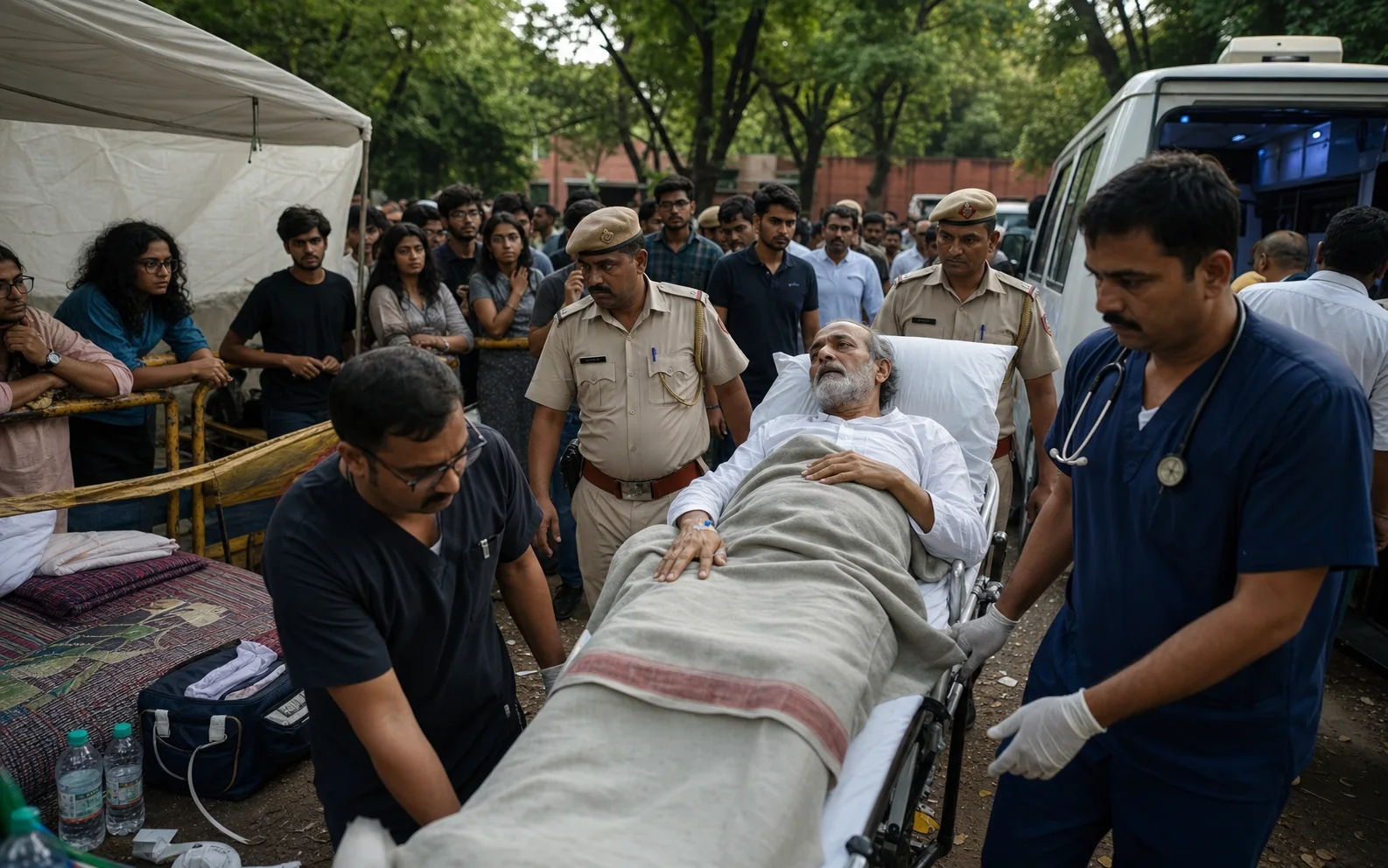 Un activiste indien affaibli transporté sur un brancard entre soignants, policiers et étudiants inquiets à New Delhi
