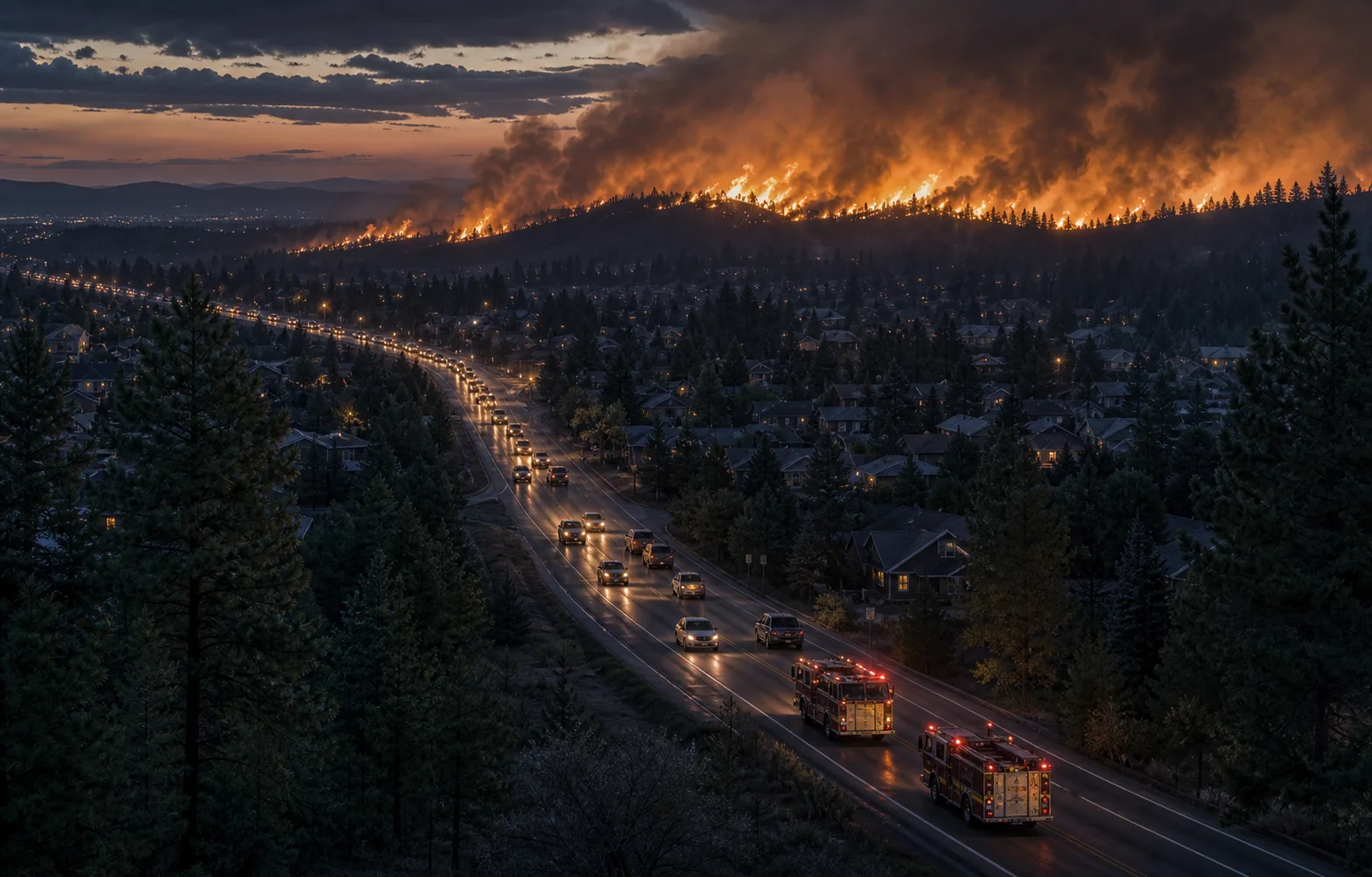 Une longue file de véhicules évacue un quartier boisé de Spokane tandis que des camions de pompiers avancent vers le front de feu