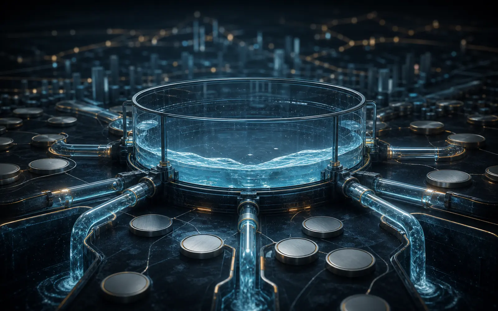 Un réservoir transparent de liquidité numérique se vide dans plusieurs conduits financiers