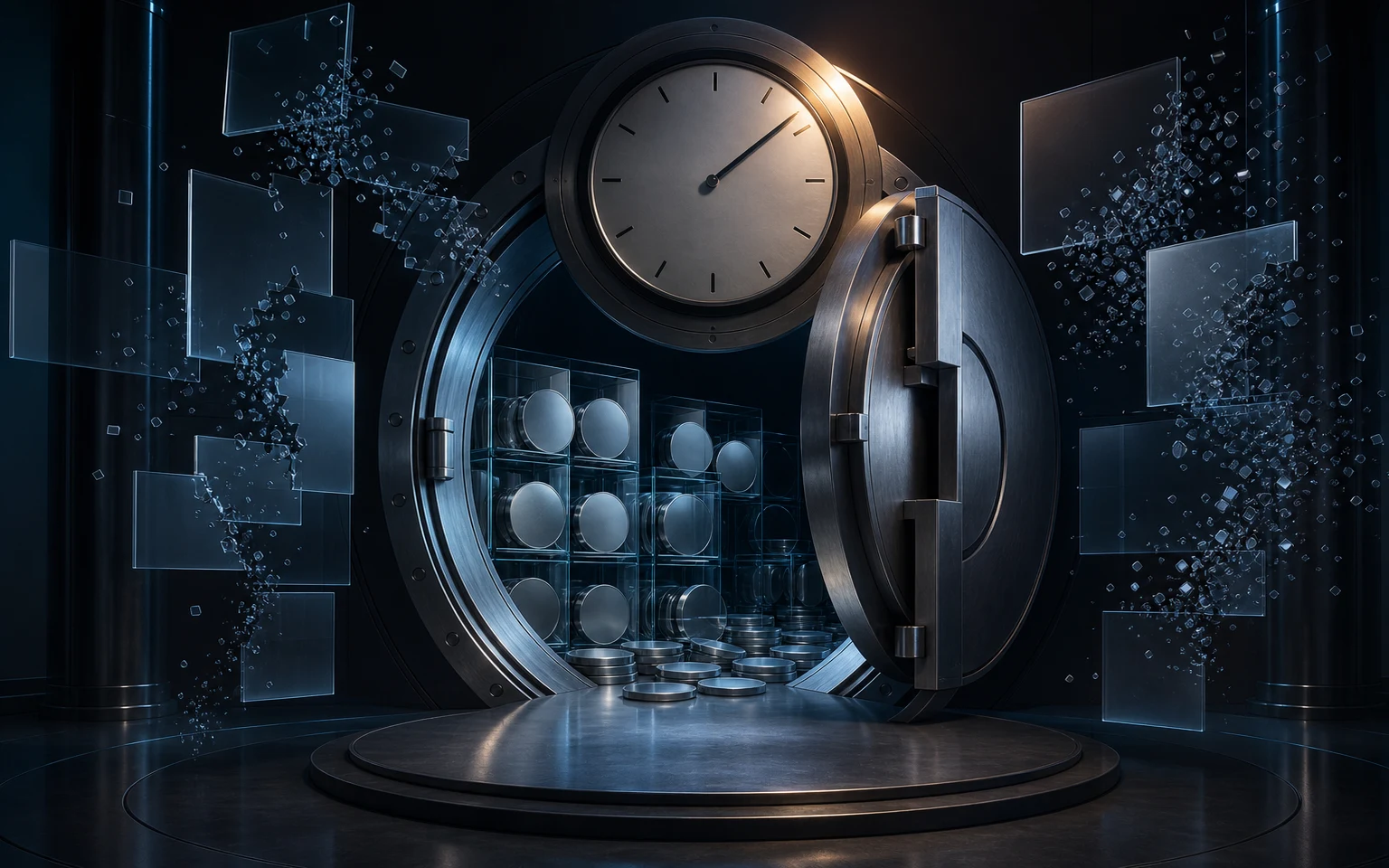 Coffre institutionnel et horloge symbolisant le retard des règles américaines sur les stablecoins