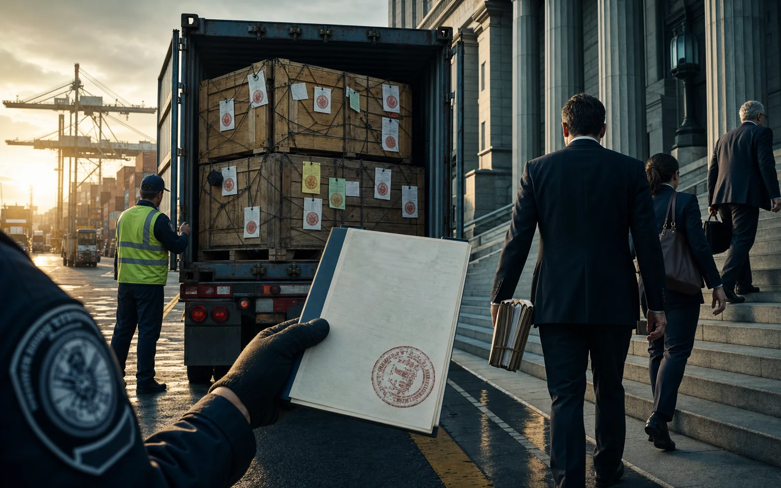 Un conteneur inspecté fait face à des avocats montant les marches d’un tribunal commercial américain