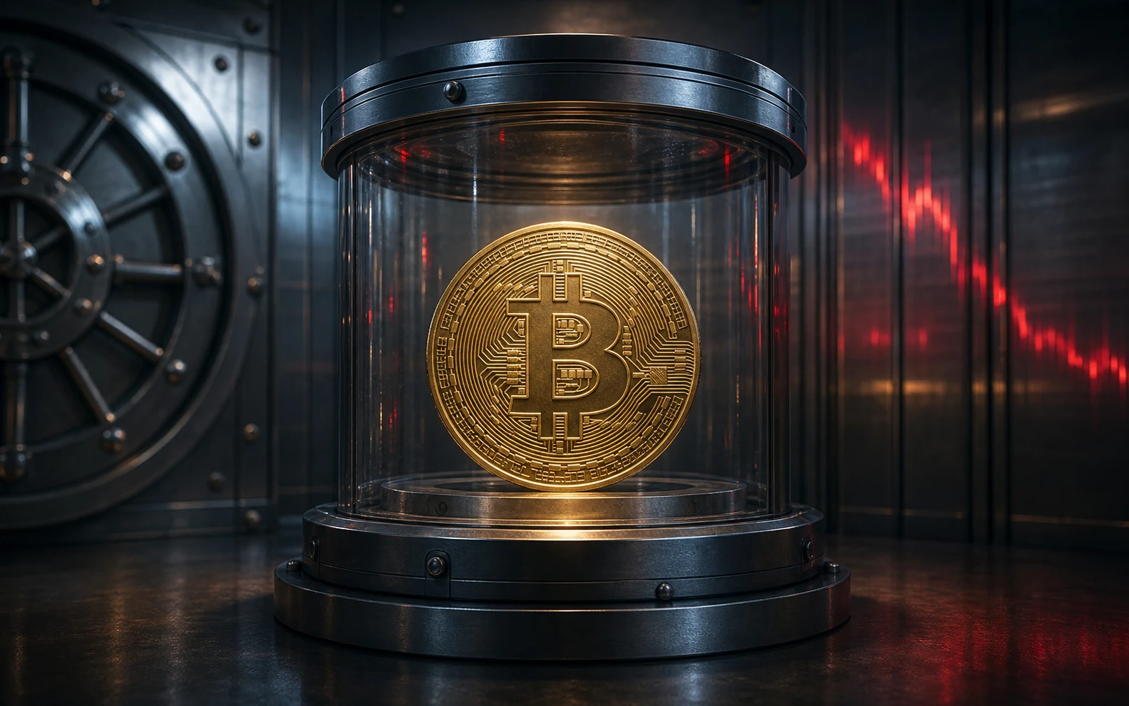 Un bitcoin doré protégé dans un coffre institutionnel sous des reflets de marché rouges