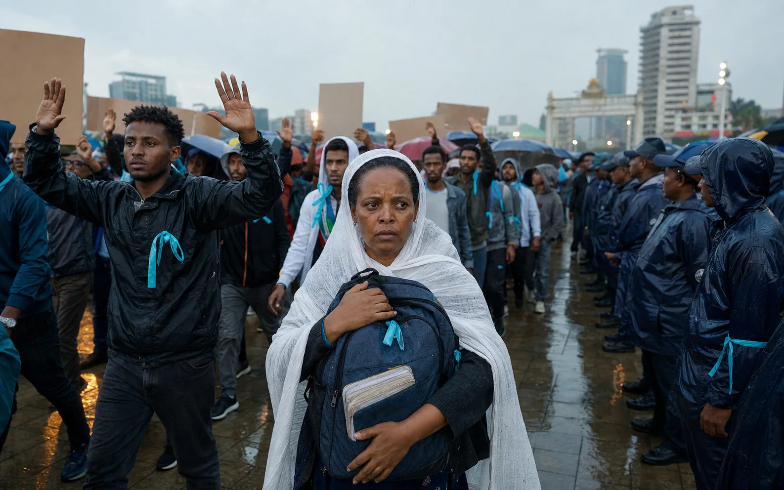 Une mère éthiopienne serre un sac d’école au premier rang d’une manifestation sous la pluie à Addis-Abeba