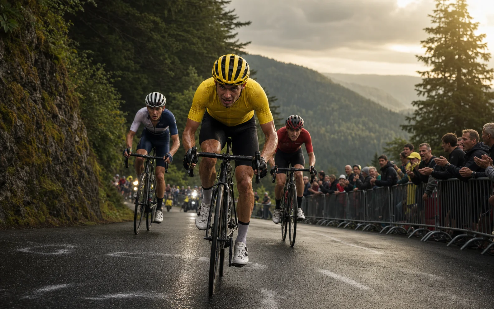 Un coureur en maillot jaune attaque dans une montée vosgienne devant deux poursuivants