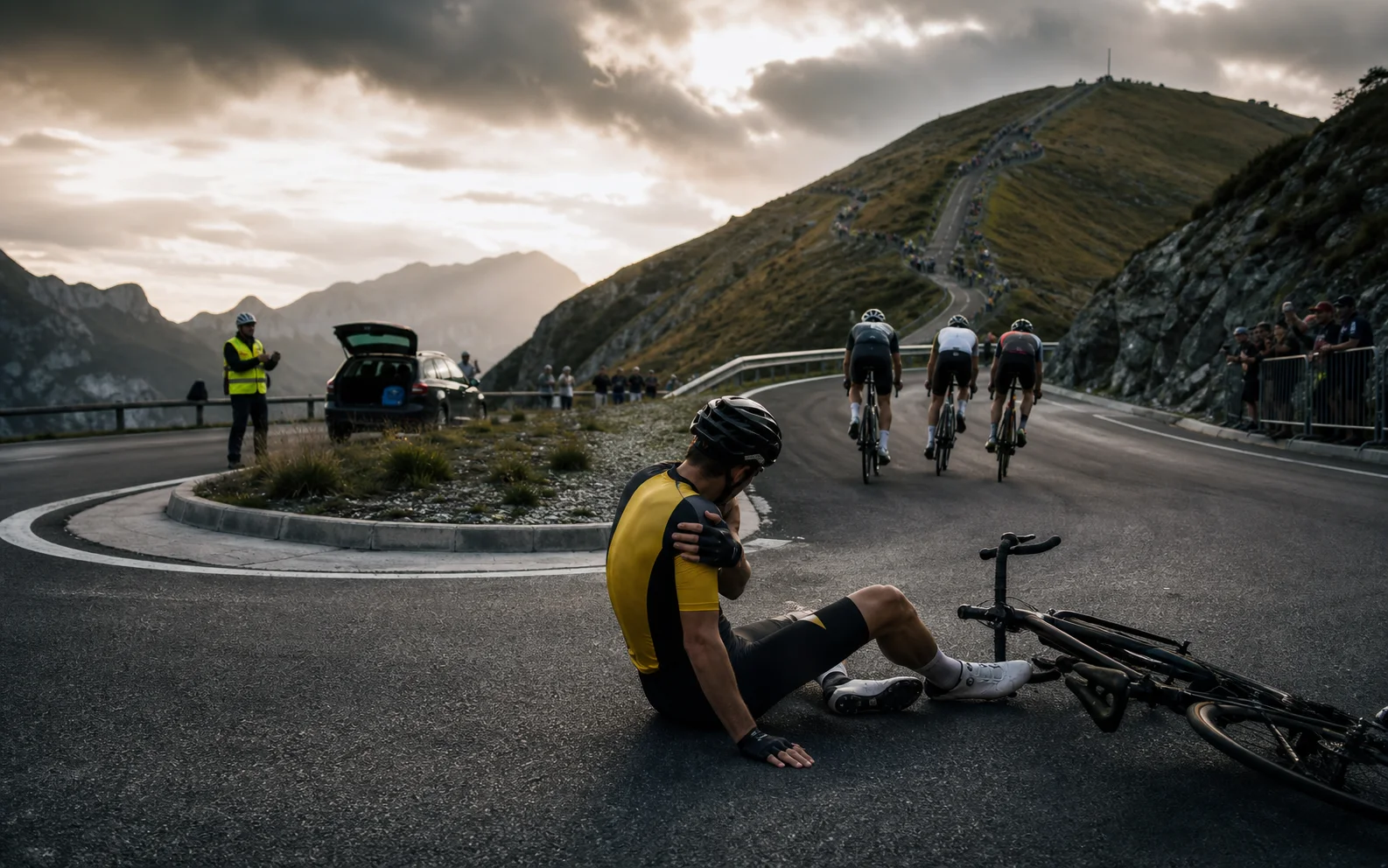 Un coureur cycliste blessé à l’épaule au sol dans un rond-point tandis que trois rivaux poursuivent vers un sommet alpin