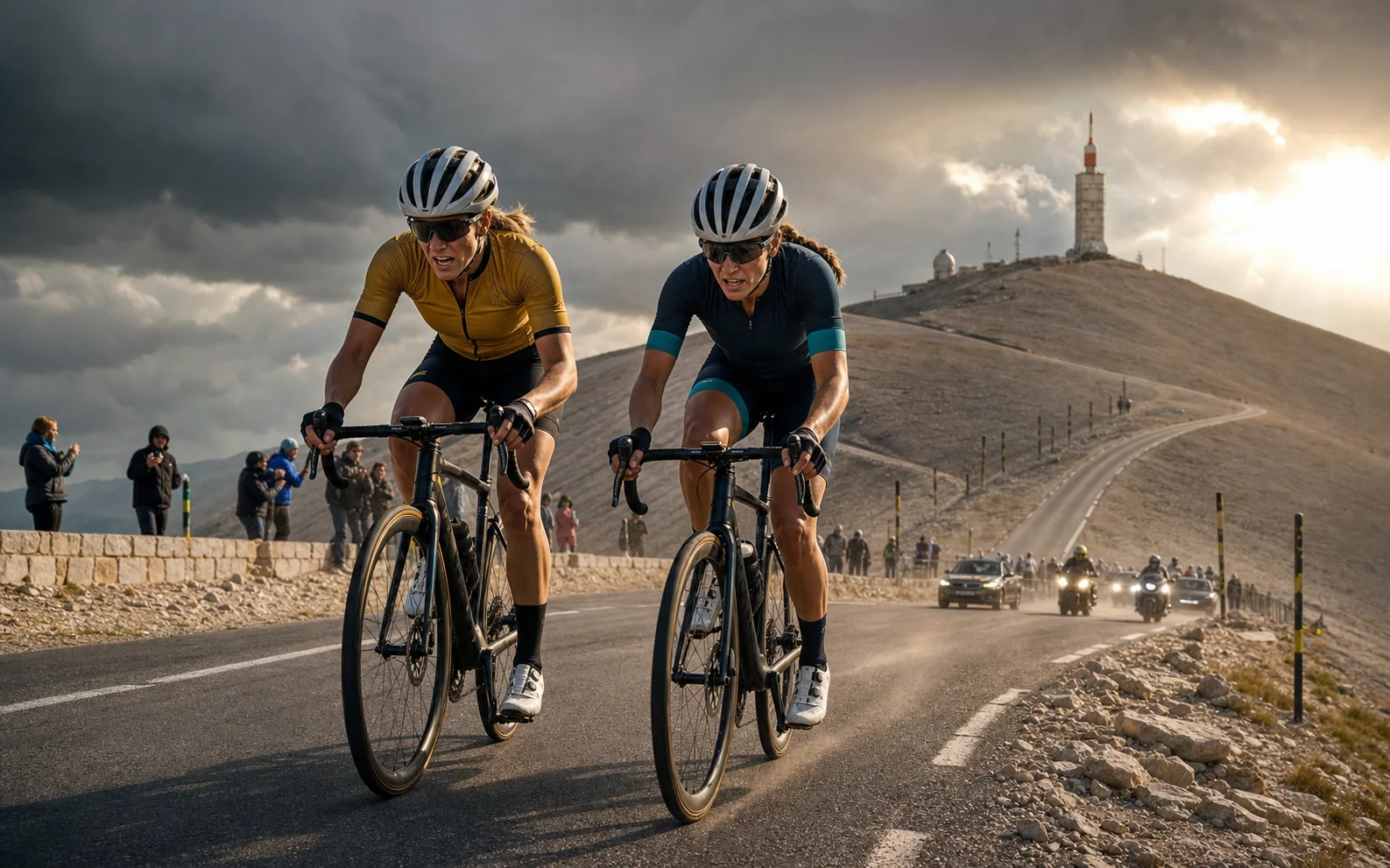Deux cyclistes professionnelles se disputent l’ascension du Mont Ventoux sous un ciel d’orage