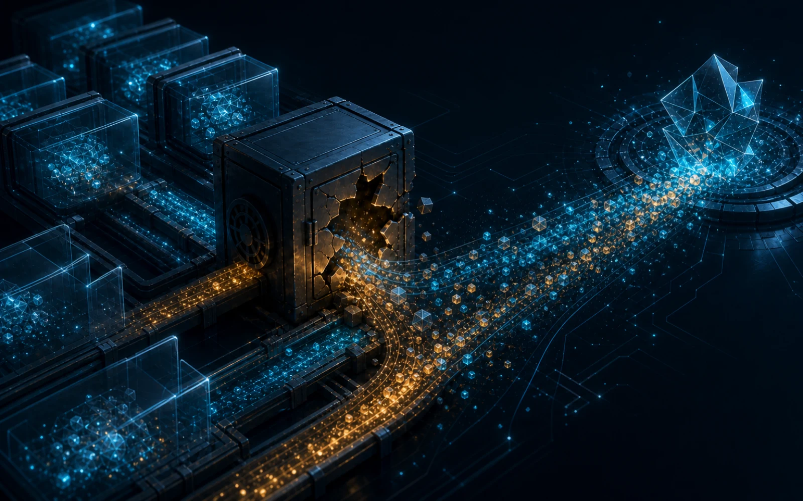 Illustration éditoriale abstraite de rails de paiement crypto convergeant depuis un portefeuille opérationnel fracturé