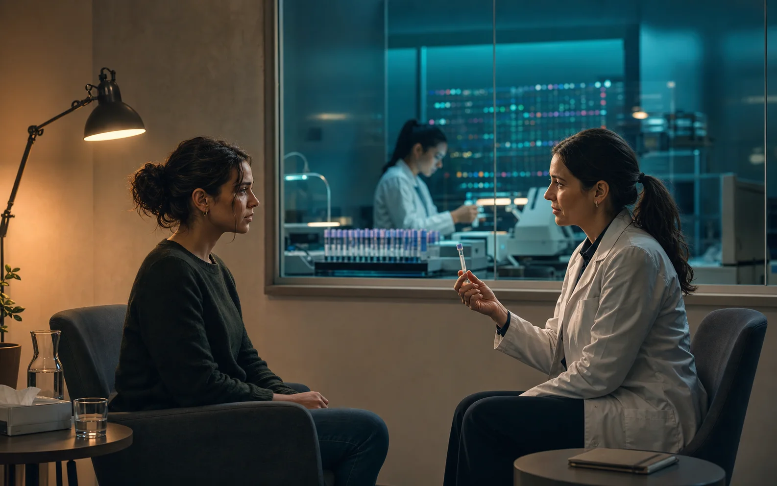 Une patiente échange avec une chercheuse tenant un échantillon dans une clinique de génétique psychiatrique