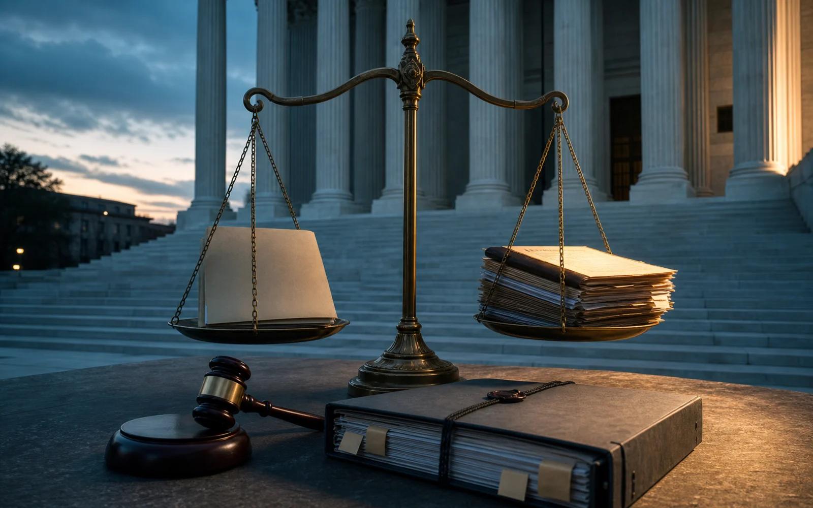 Une balance de justice chargée de deux dossiers civils devant les colonnes de la Cour suprême américaine au crépuscule