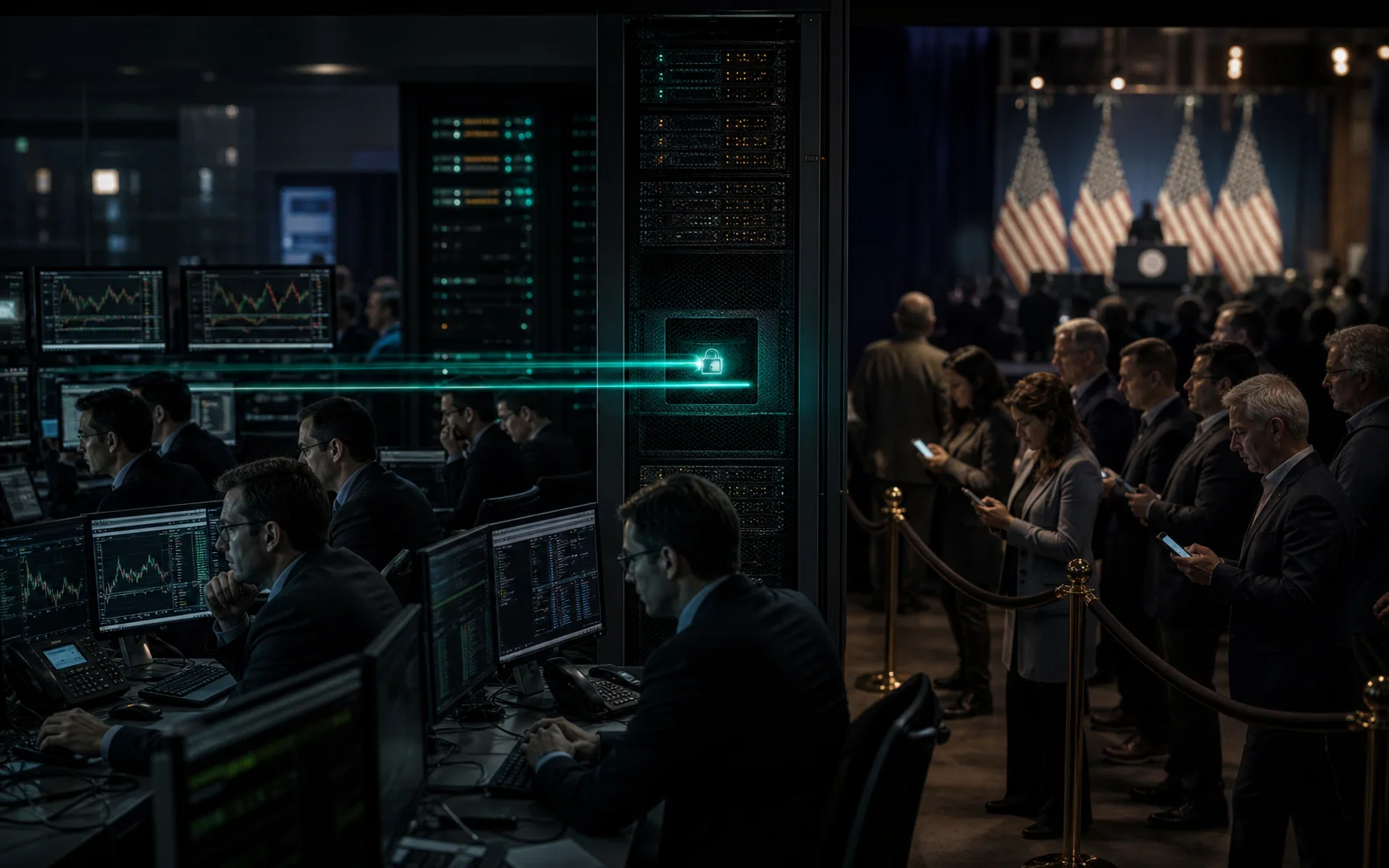 Des traders institutionnels reçoivent un signal de données avant un public tenu à distance d’un podium présidentiel