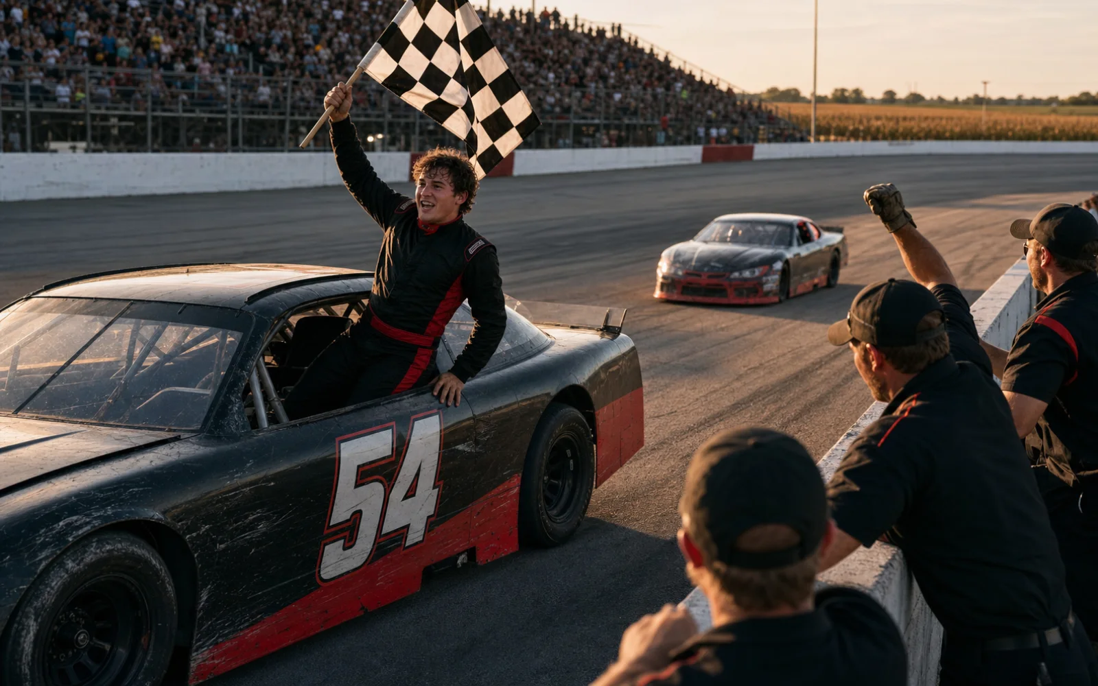 Jeune pilote de stock-car levant le drapeau à damier depuis sa voiture numéro 54 sur l’ovale de l’Iowa