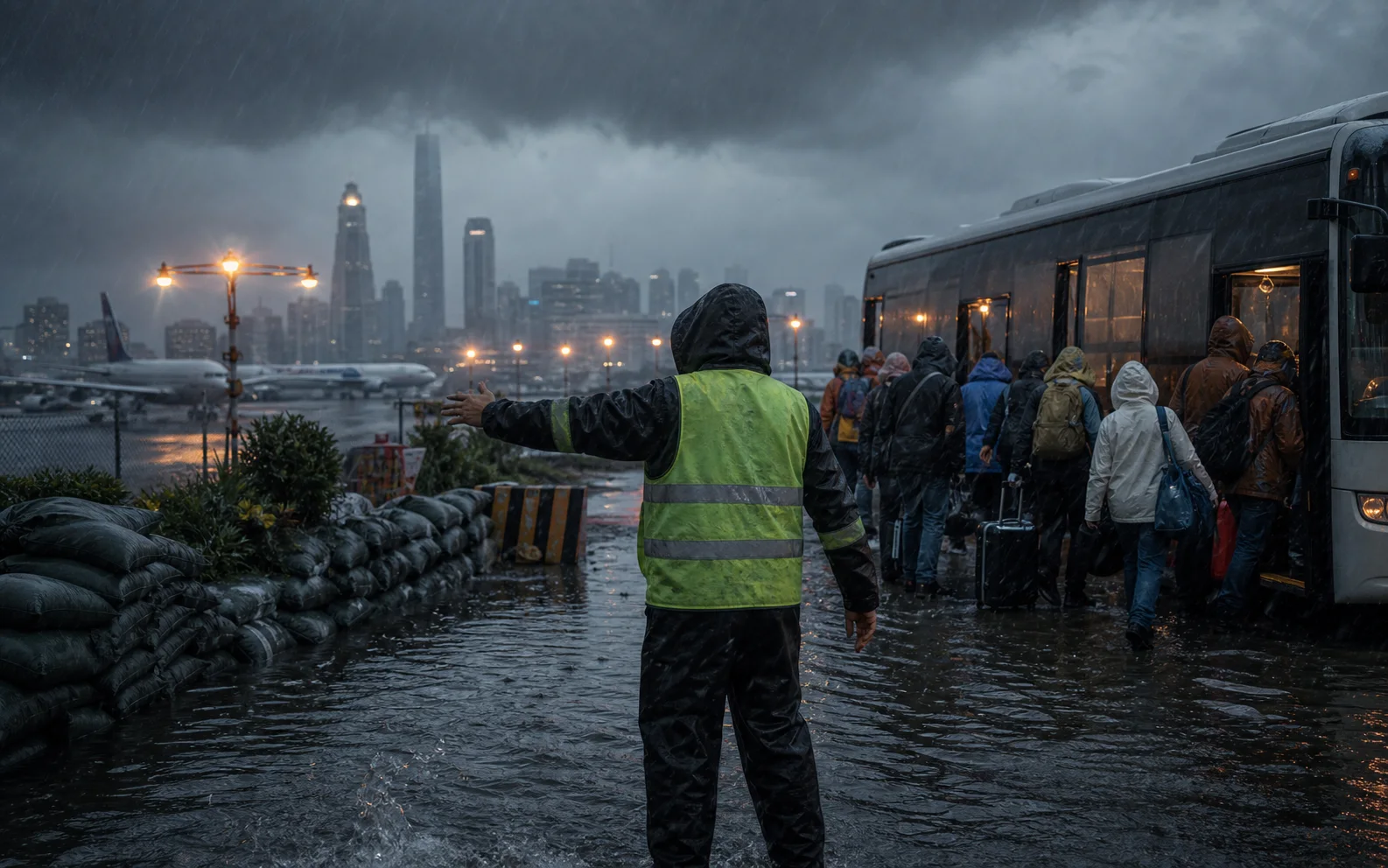 Un secouriste guide des habitants vers un bus sous les pluies du typhon près d’un aéroport