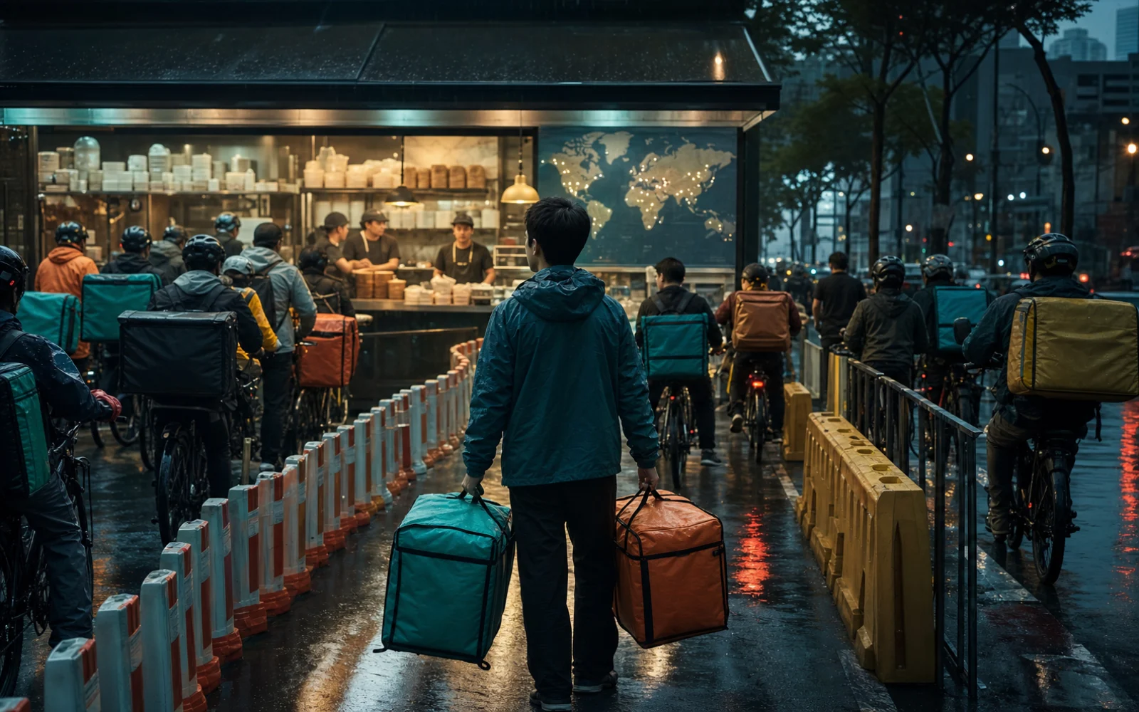 Des coursiers à vélo convergent sous la pluie vers un passage unique devant un restaurant