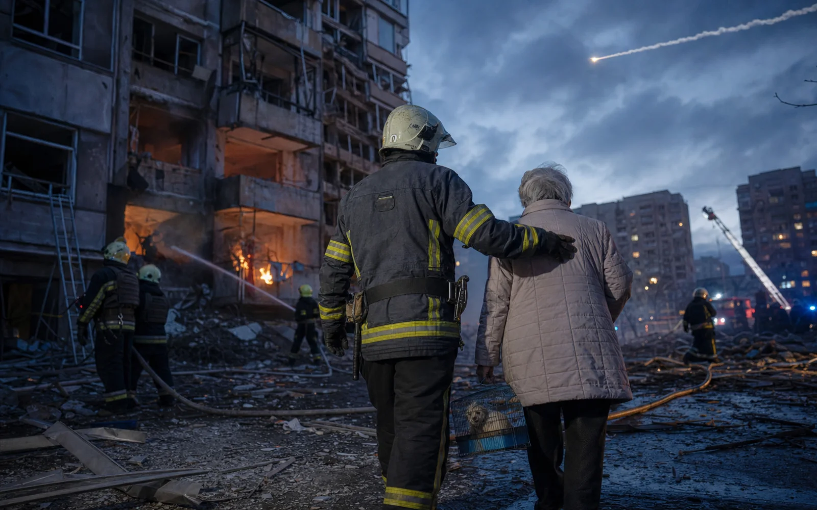 Un pompier accompagne une habitante devant un immeuble endommagé de Kyiv tandis que les secours combattent un incendie