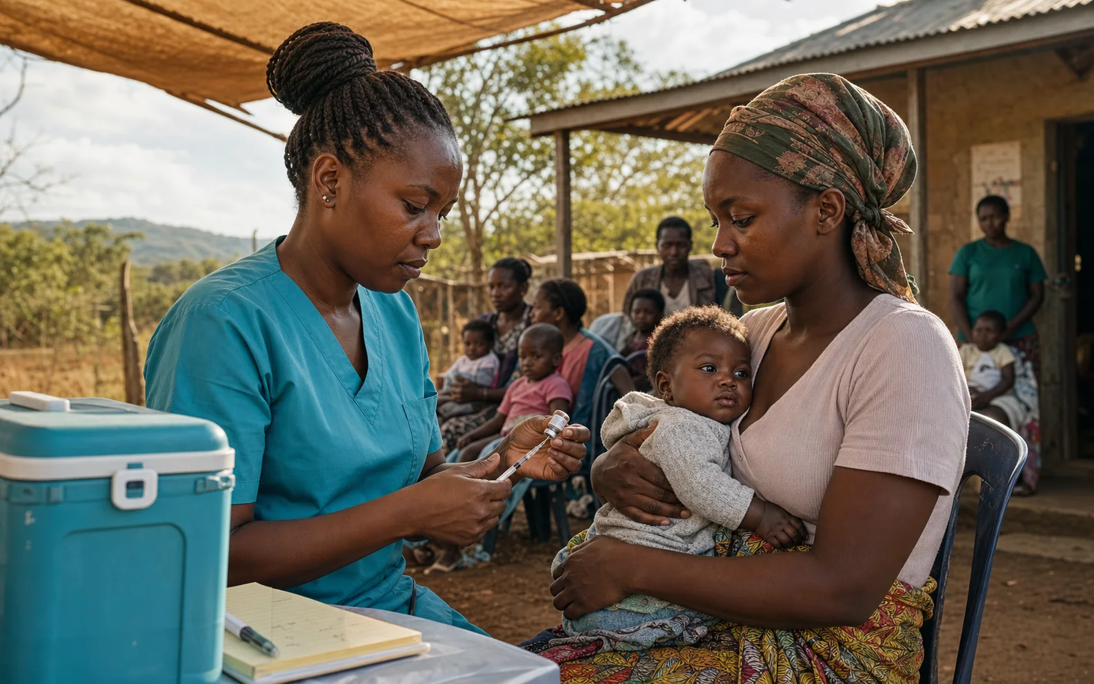 Une soignante prépare un vaccin devant une mère tenant son bébé dans une clinique mobile rurale