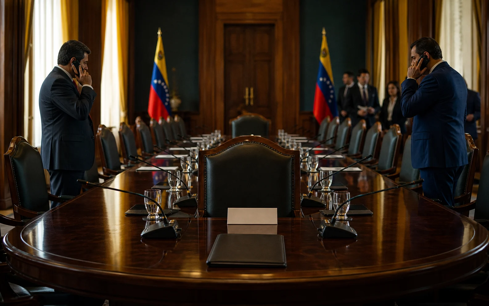 Une table de négociation vide à Caracas tandis que deux représentants se parlent au téléphone