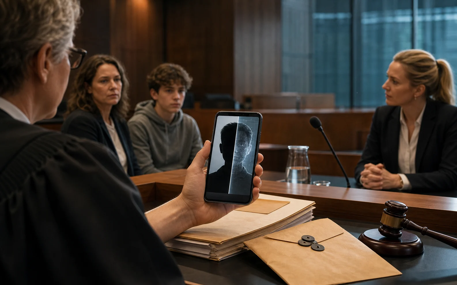 Dans un tribunal, un téléphone révèle le profil d’un compte anonyme devant une famille et une avocate