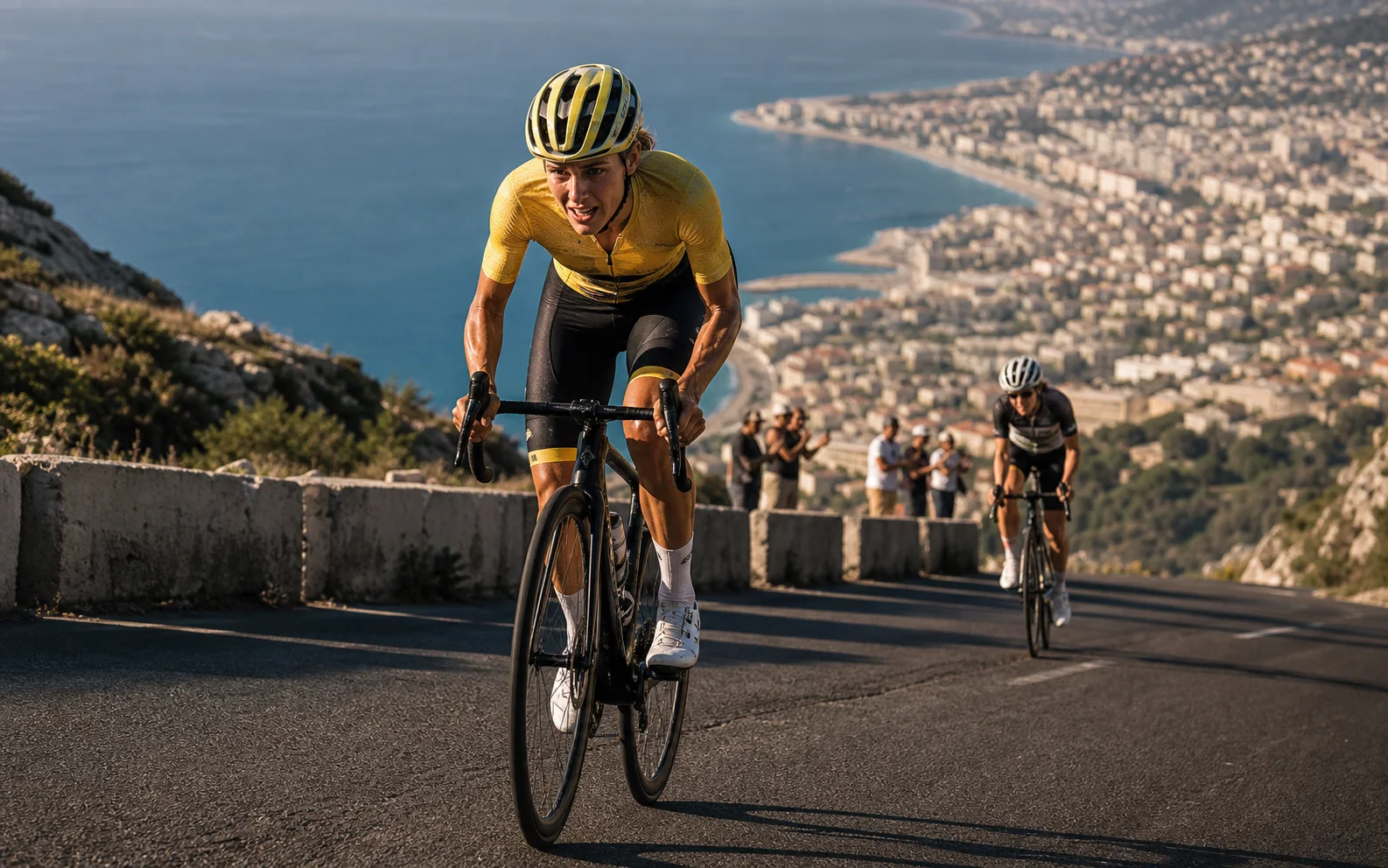 Deux cyclistes se disputent le maillot jaune sur une route escarpée dominant Nice et la Méditerranée