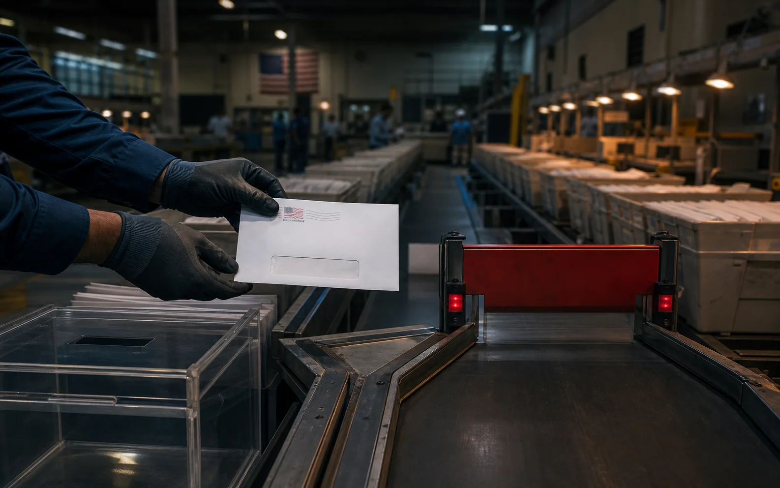 Un agent postal tient une enveloppe de vote devant un convoyeur séparé entre une urne et une barrière de contrôle
