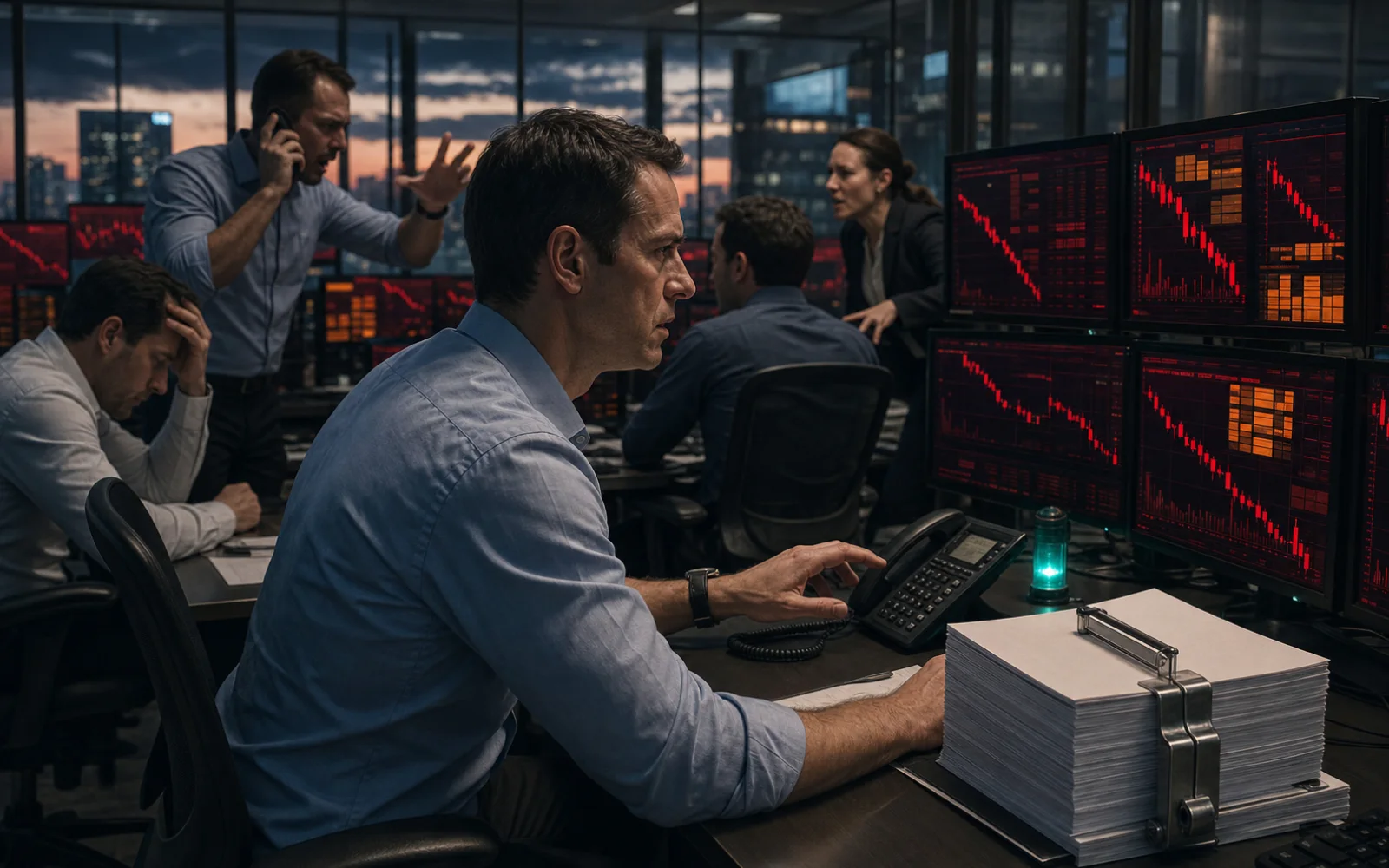Des opérateurs surveillent une chute des marchés dans une salle de trading, près d’une pile de dossiers sous contrainte