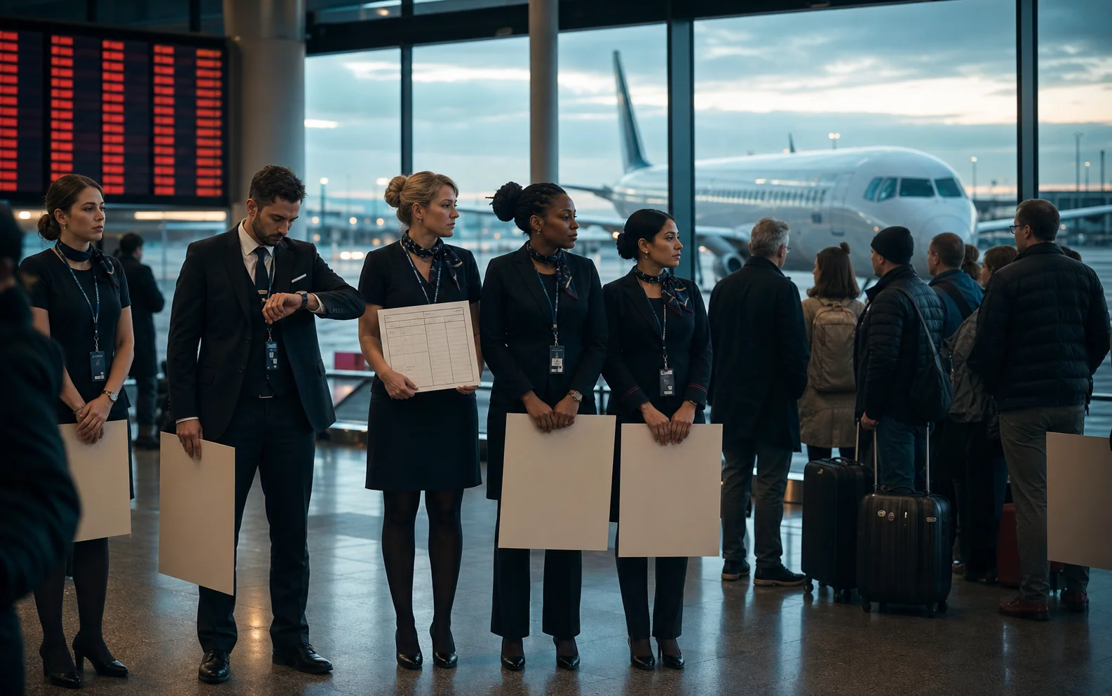 Des agents de bord en piquet dans un terminal tandis que des voyageurs attendent devant un avion immobilisé