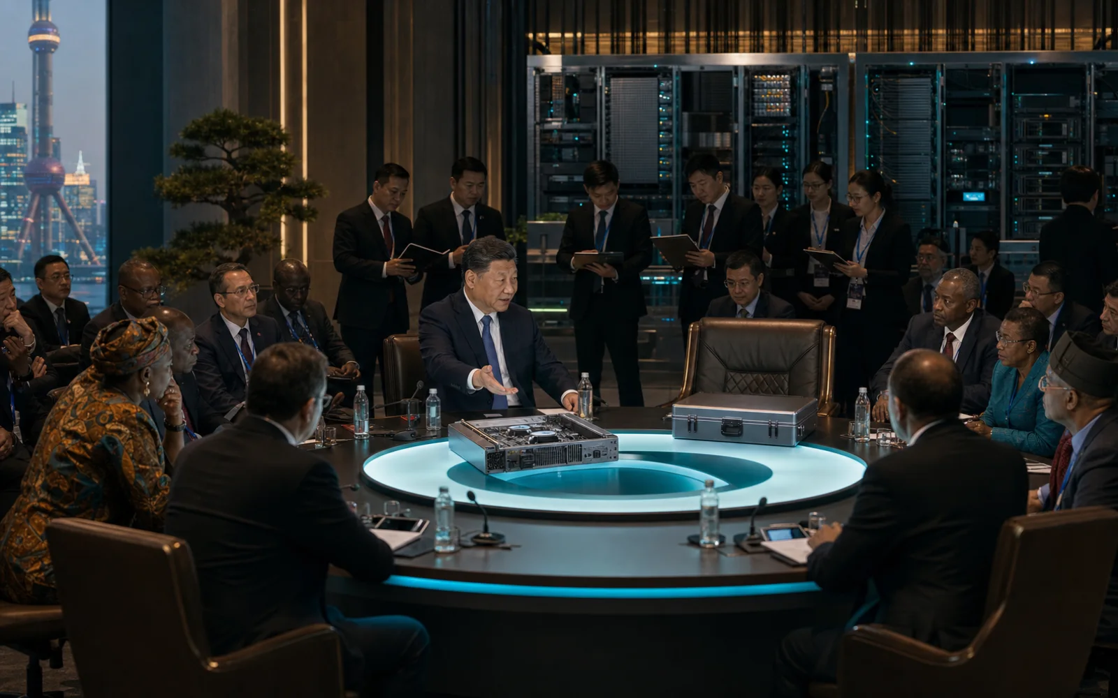Xi Jinping présente un module informatique ouvert à des délégués internationaux réunis autour d’une table à Shanghai