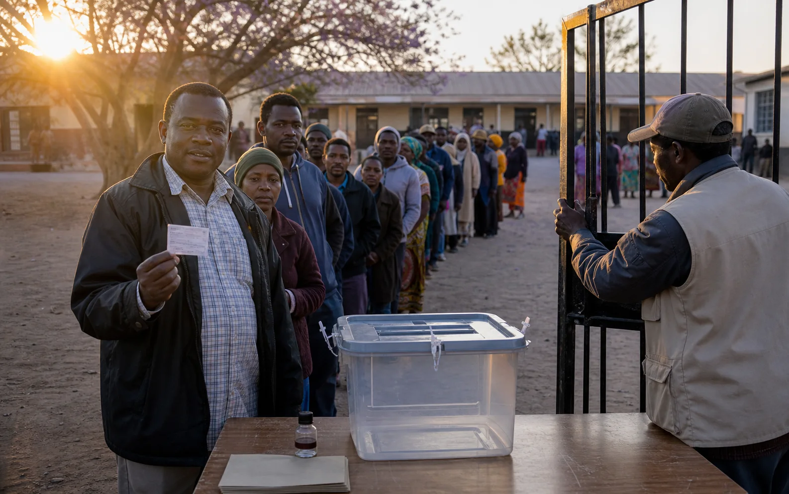 Des électeurs zambiens attendent à l’aube devant un bureau de vote et une urne scellée